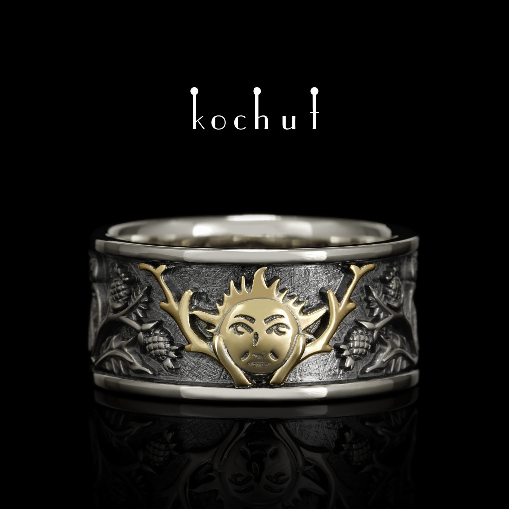 Flat-shaped wedding ring «Alchemy of Love. Sun». Silver, yellow gold, oxidized