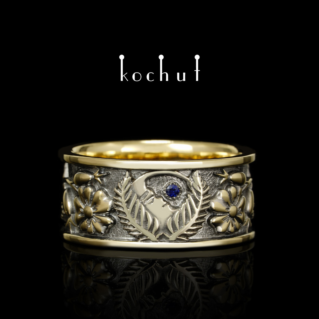 Wedding ring «Alchemy of Love». Yellow, white gold, sapphire, black rhodium