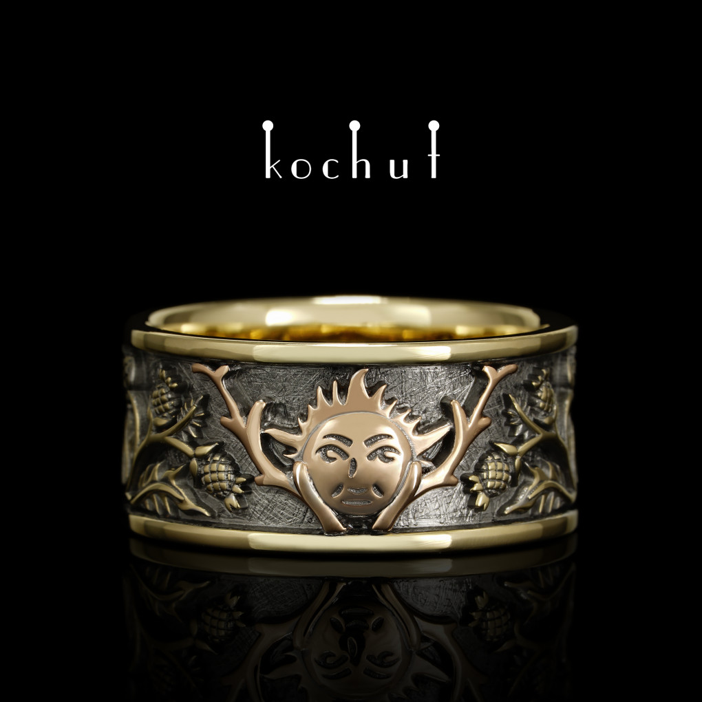 Wedding ring «Alchemy of Love». Yellow, red gold, black rhodium 