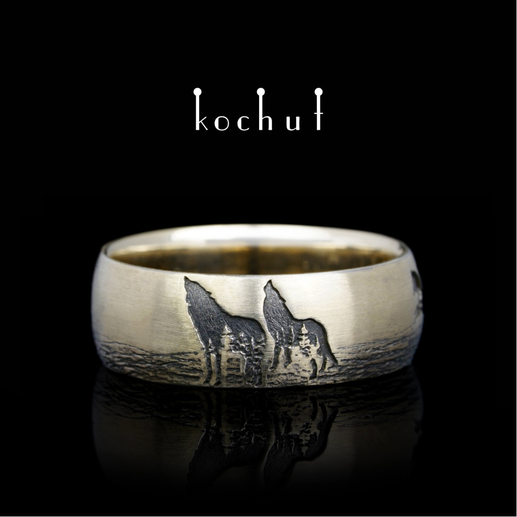 Wedding ring «Wolves». White gold, black rhodium