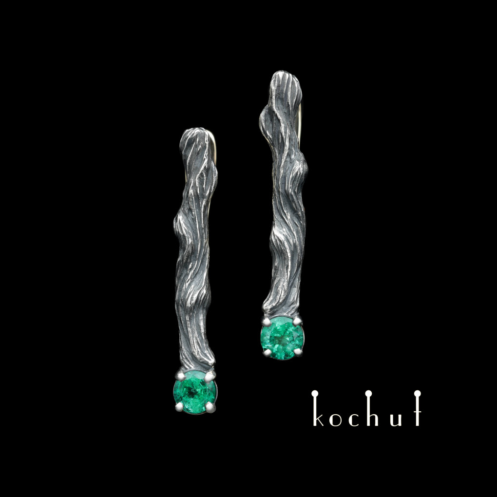 Earrings «Twigs». Silver, yellow gold, emeralds, oxidized