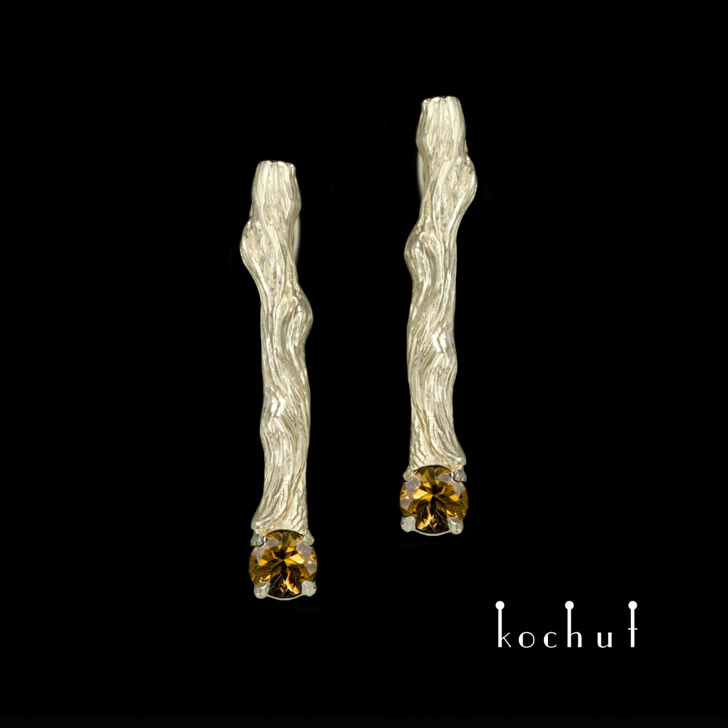 Earrings «Twigs». White gold, citrine