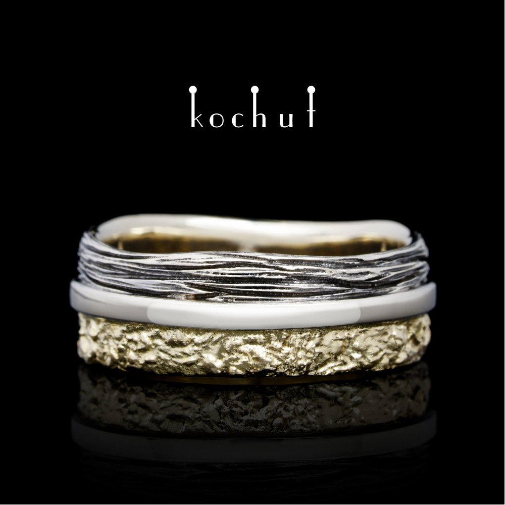 Wedding ring «In joy and sorrow: foundation». White, yellow gold, black rhodium