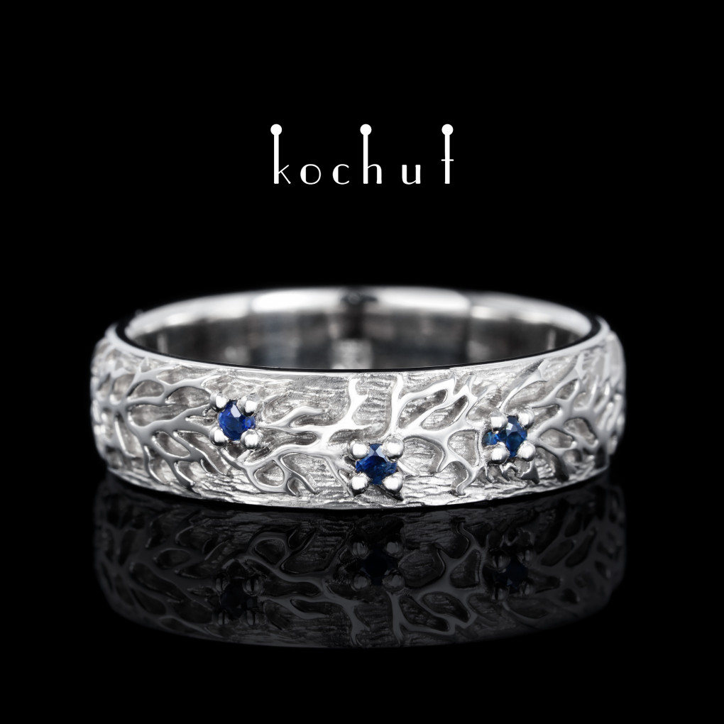 Wedding ring «Forest». White gold, white rhodium, sapphires