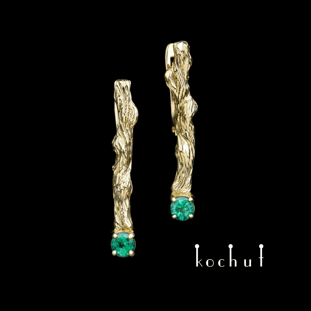 Earrings «Twigs». Yellow gold, emeralds