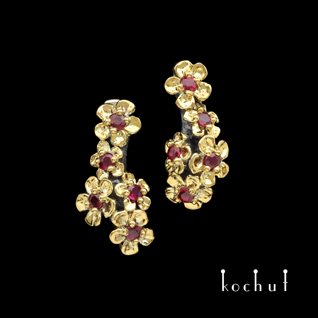 Earrings «Flower tiara». Silver, yellow gold, rubies, gilding, oxidized