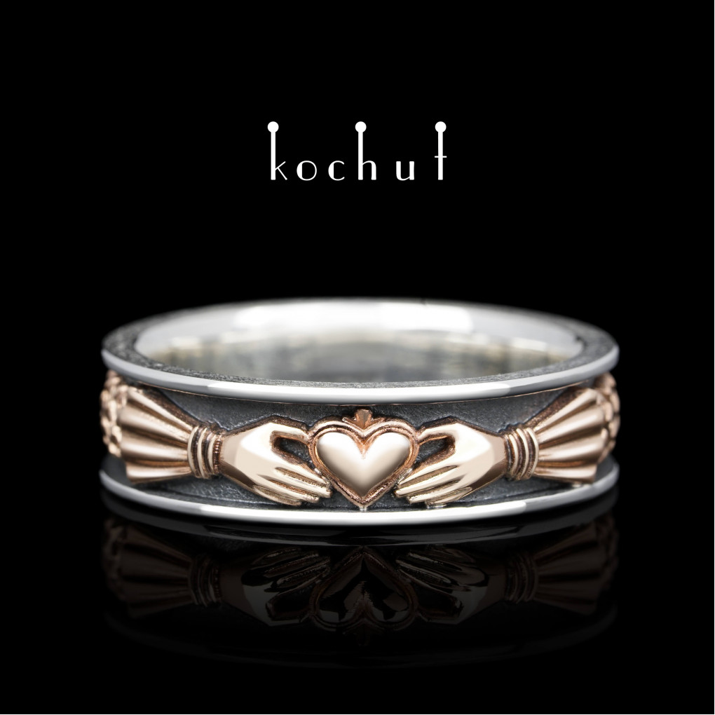 Claddagh Ring «Heart of the Marquis». Silver, oxidized, red gold