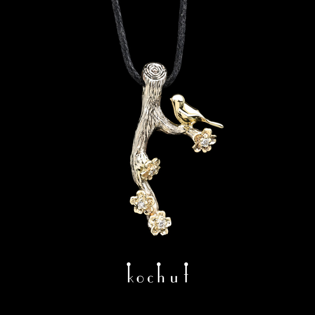 Pendant «Bird and flowers». White, yellow gold, diamonds