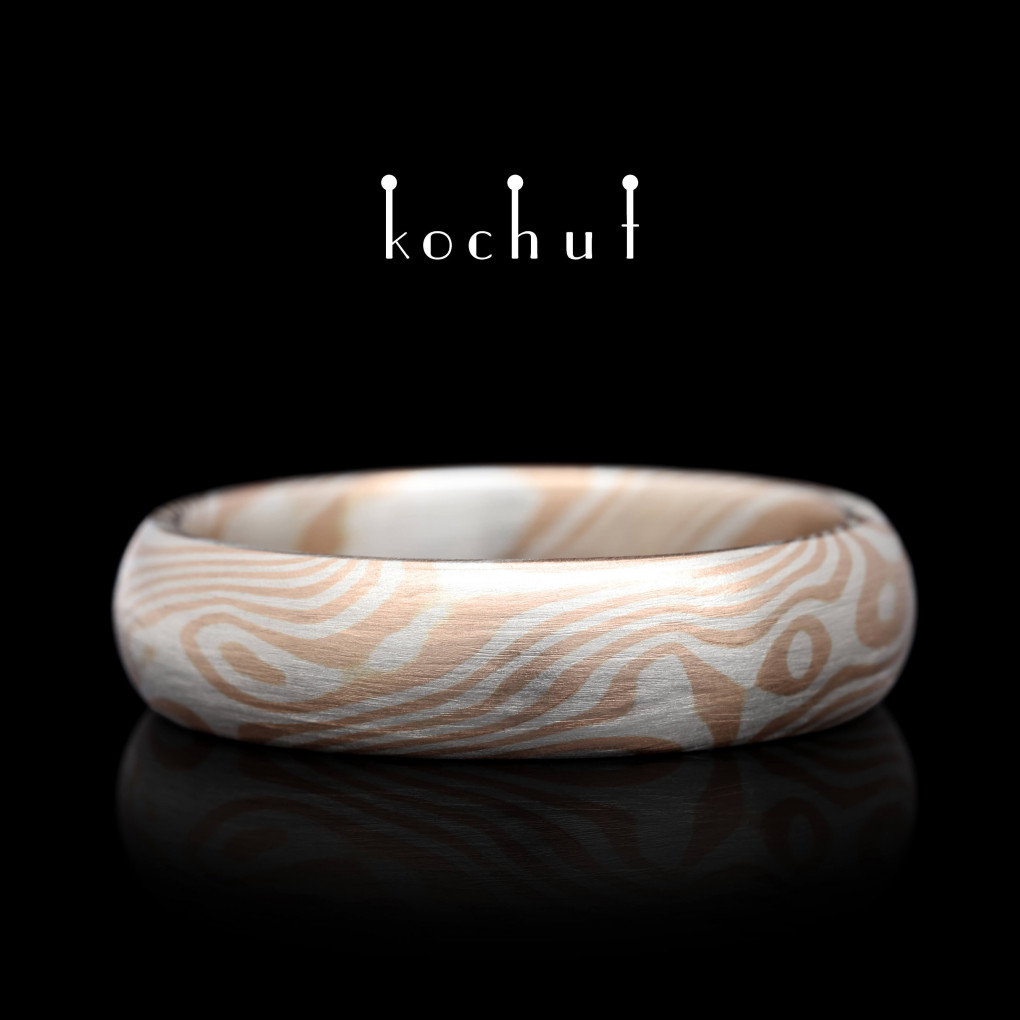 Wedding ring «Mokume. Sophora». Silver, red gold