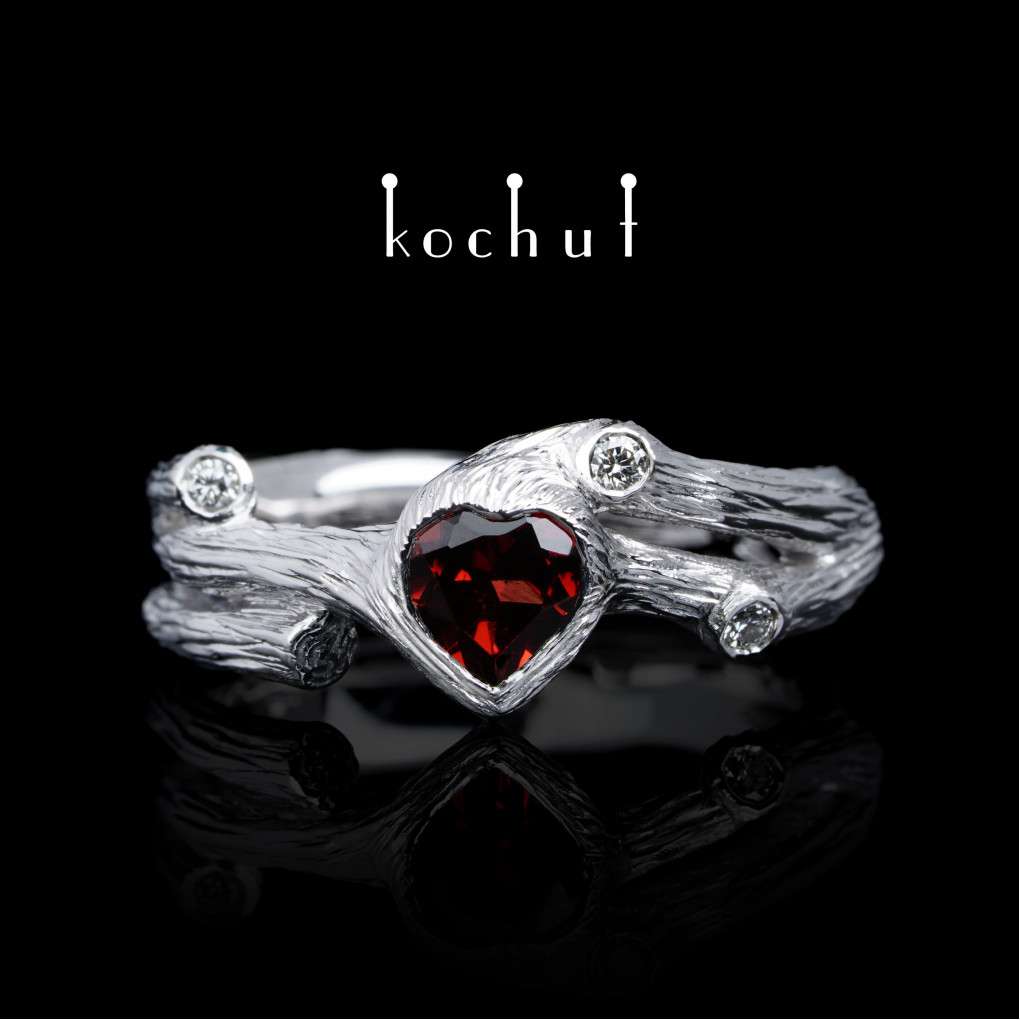 Ring «Heart of the forest». White gold, red garnet, diamonds, white rhodium