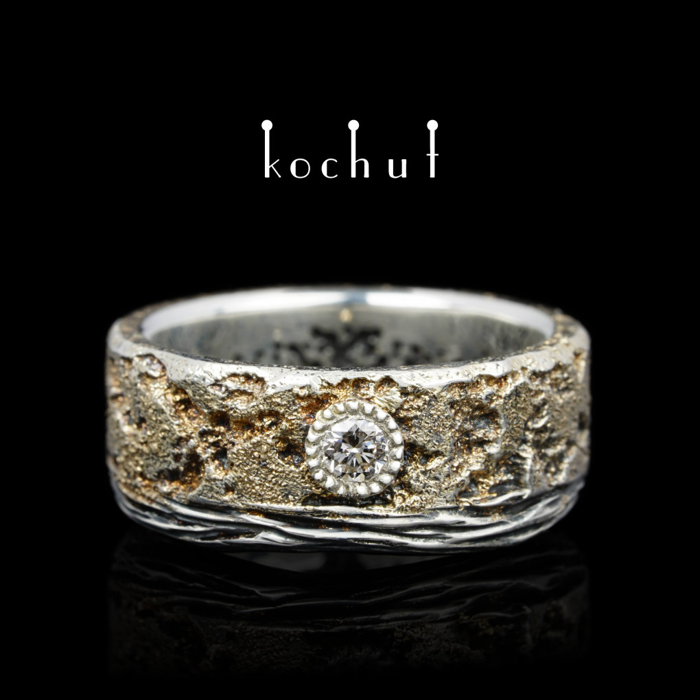 Wedding ring «Soul and body with bark and tree of life». Silver, gold fusing, diamond, oxidized