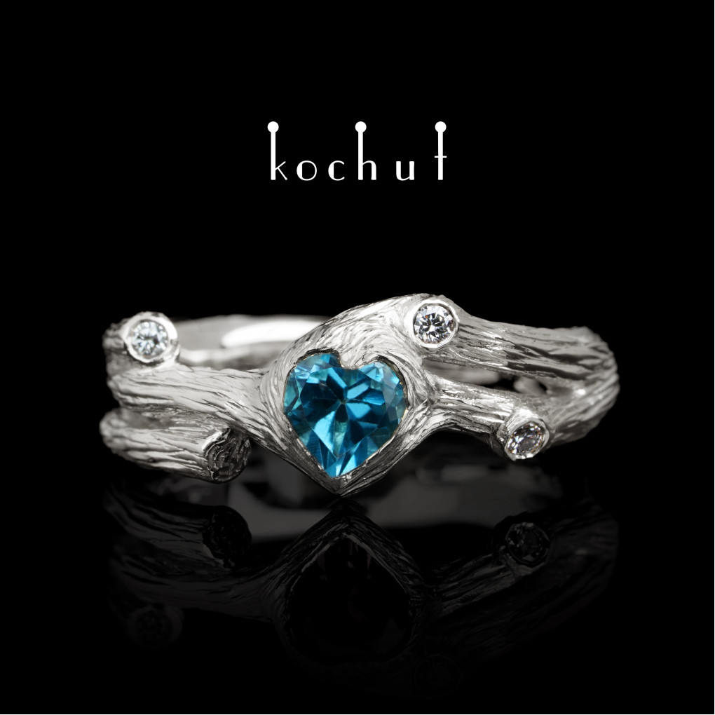 Ring «Heart of the forest». White gold, topaz, diamonds, white rhodium