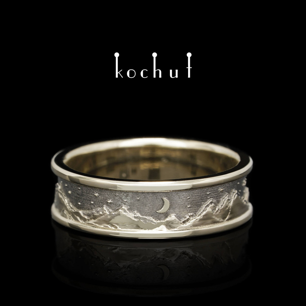 Wedding ring "Peaks of Love: sun and moon". White gold, black rhodium