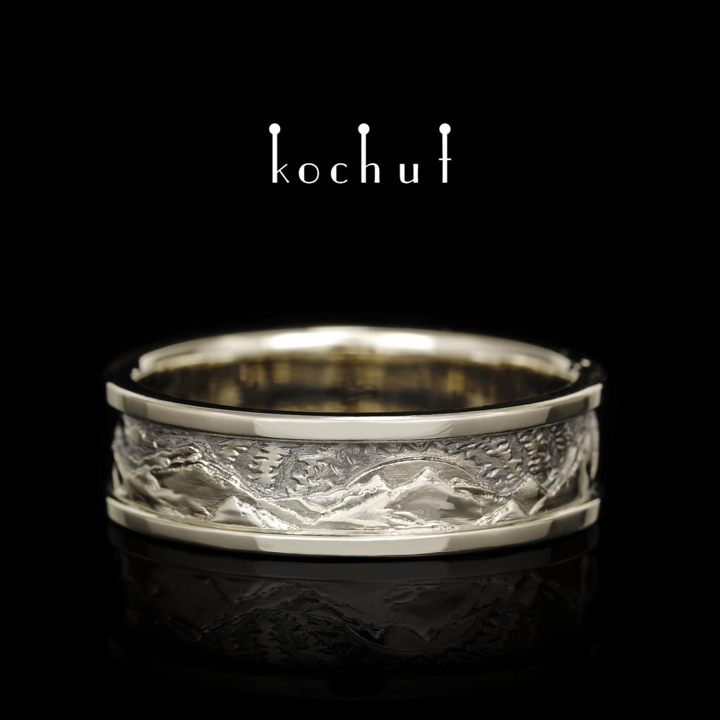 Wedding ring "Peaks of Love: the sun and the moon". White 14K gold, black rhodium
