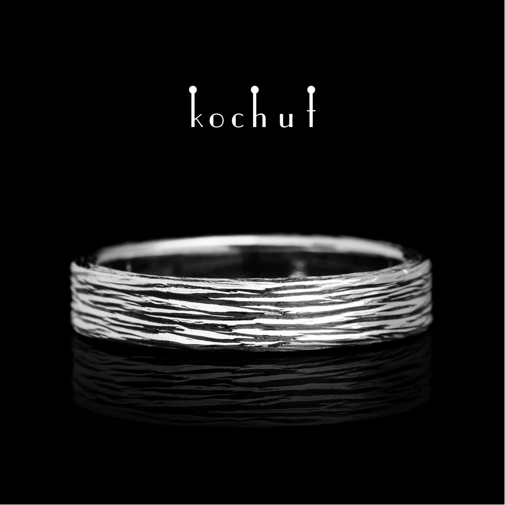 Wedding ring «Tree bark». White gold, white rhodium