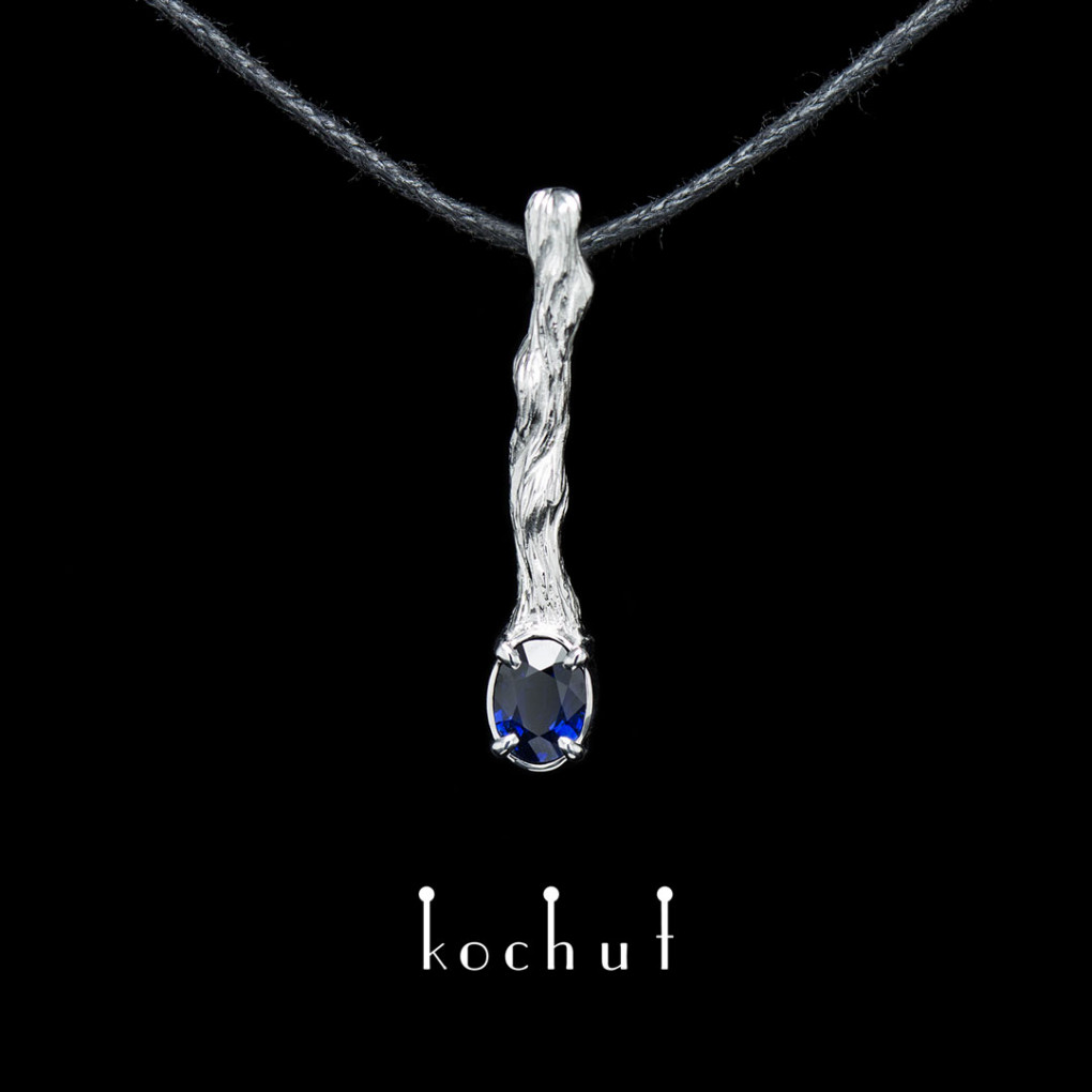 Pendant «Twig. Fruit». White gold, white rhodium, sapphire