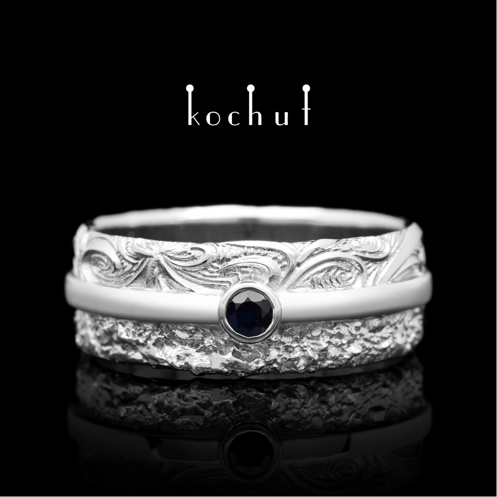 Wedding ring «In joy and sorrow». White gold, white rhodium, sapphire