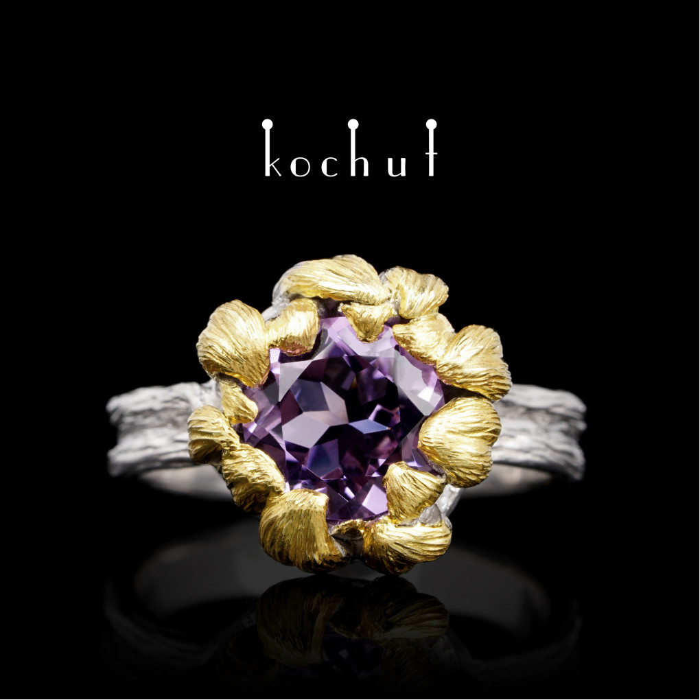 Ring «Peony». Silver, amethyst, white rhodium, gilding