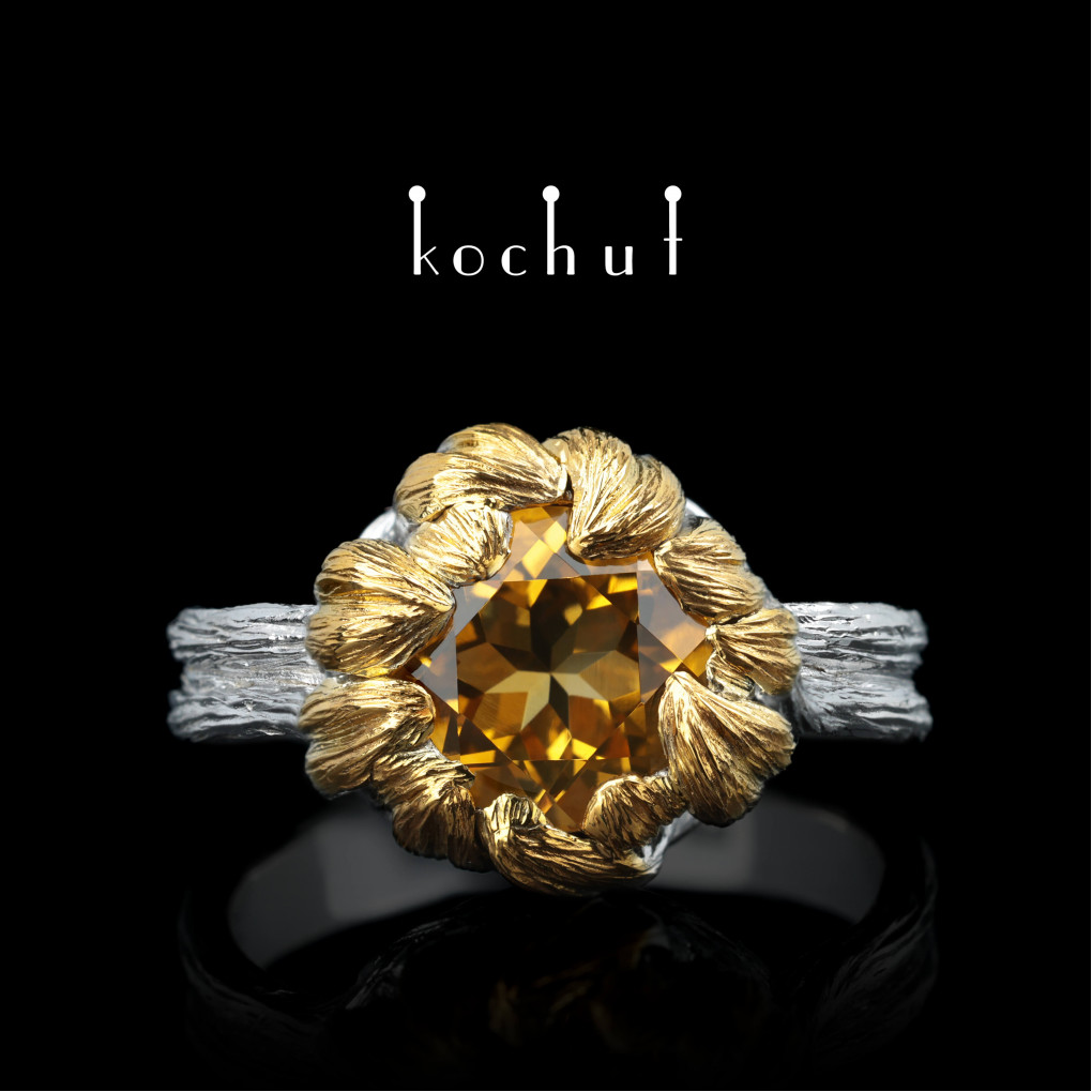 Ring «Peony». Silver, citrine, white rhodium, gilding