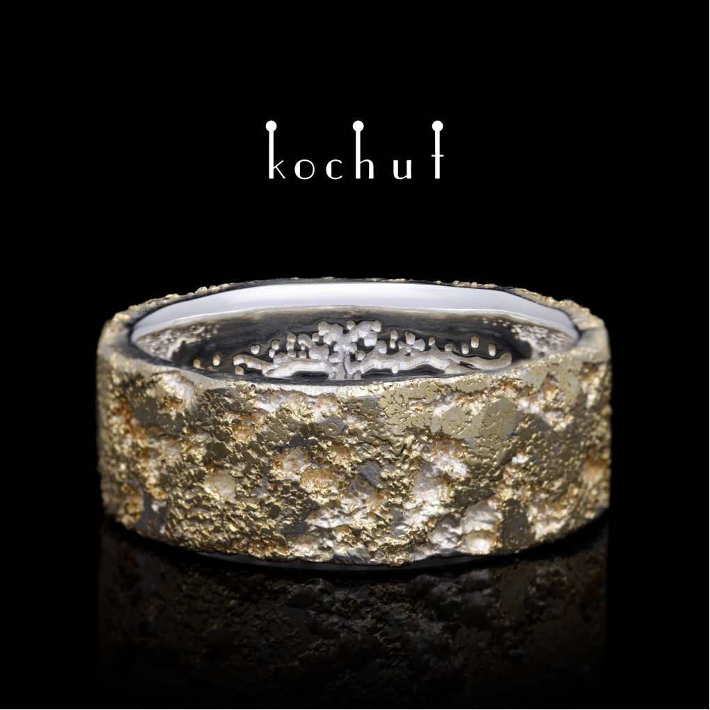 Wedding ring «Soul and body with the tree of life and forging Light». Silver, gold fusing surfacing