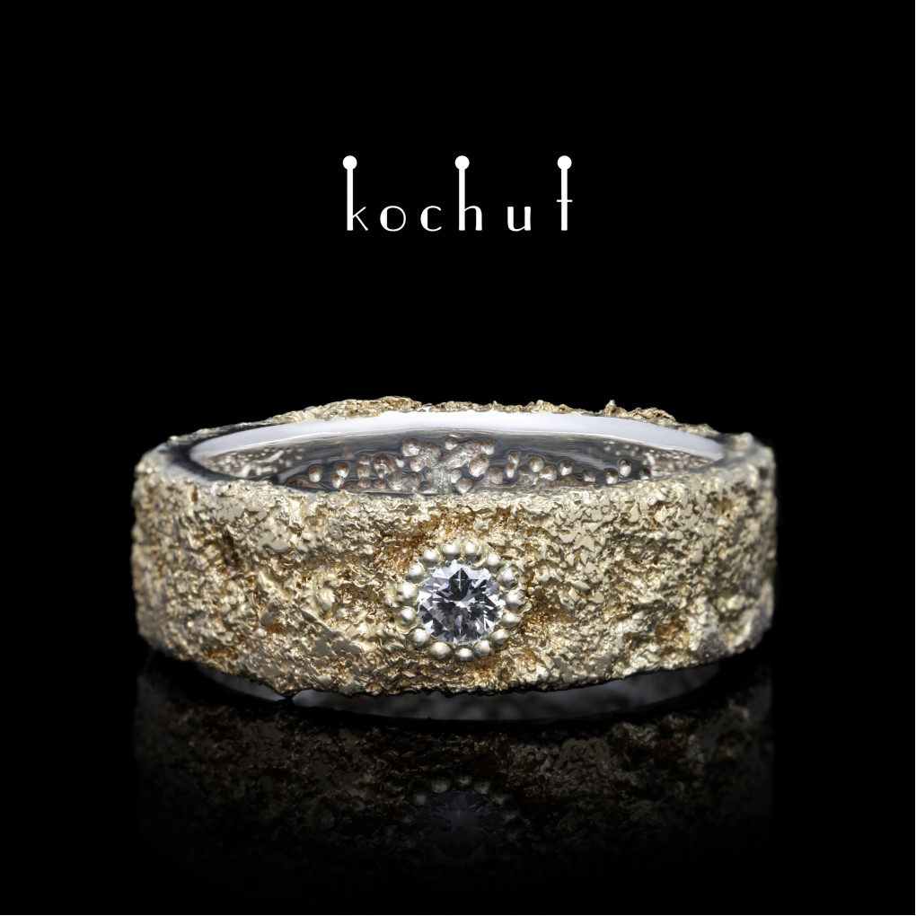 Wedding ring «Body and soul with the tree of life and Light forging». Silver, gold fusing, diamond