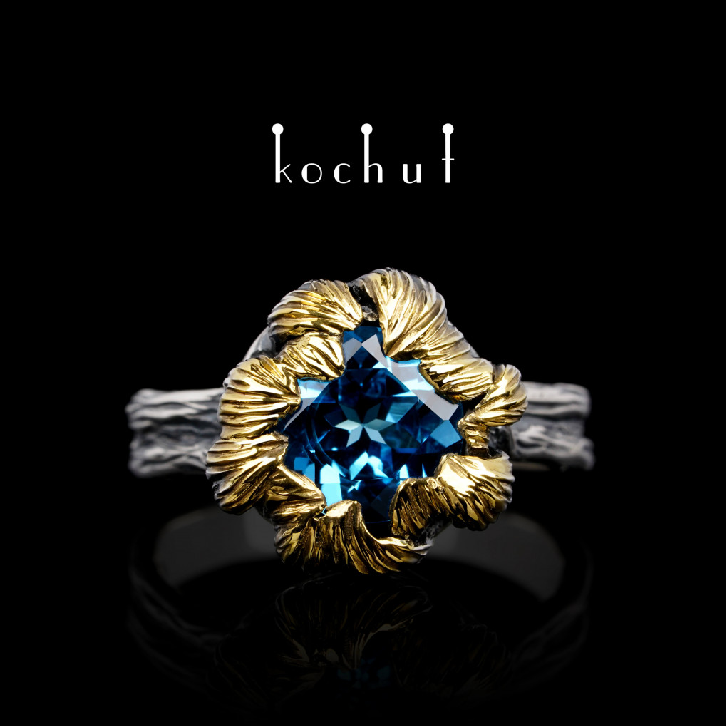 Ring «Peony». Silver, topaz, oxidized, gilding