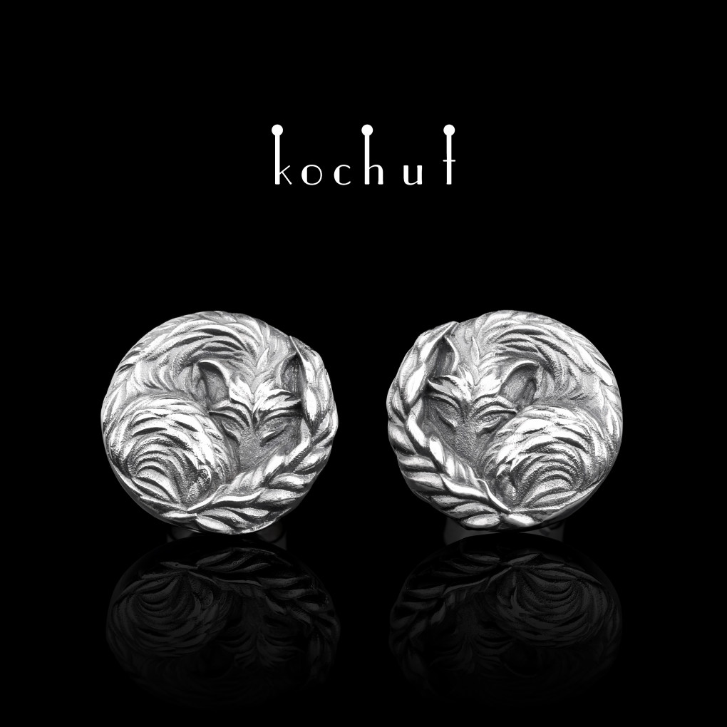 Stud earrings «Foxes». Silver, oxidized