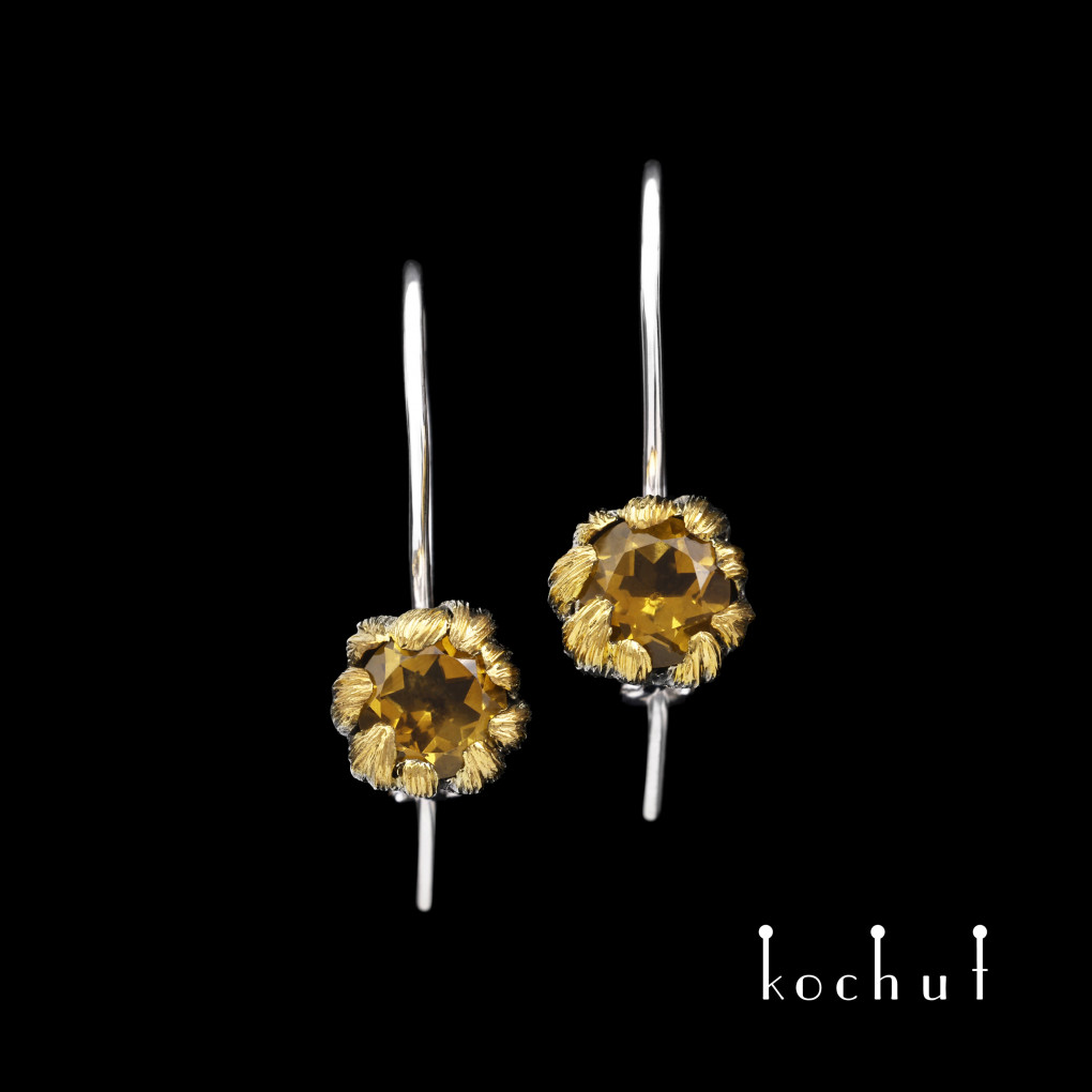Earrings with a French lock «Peony». Silver, citrine, oxidized, gilding