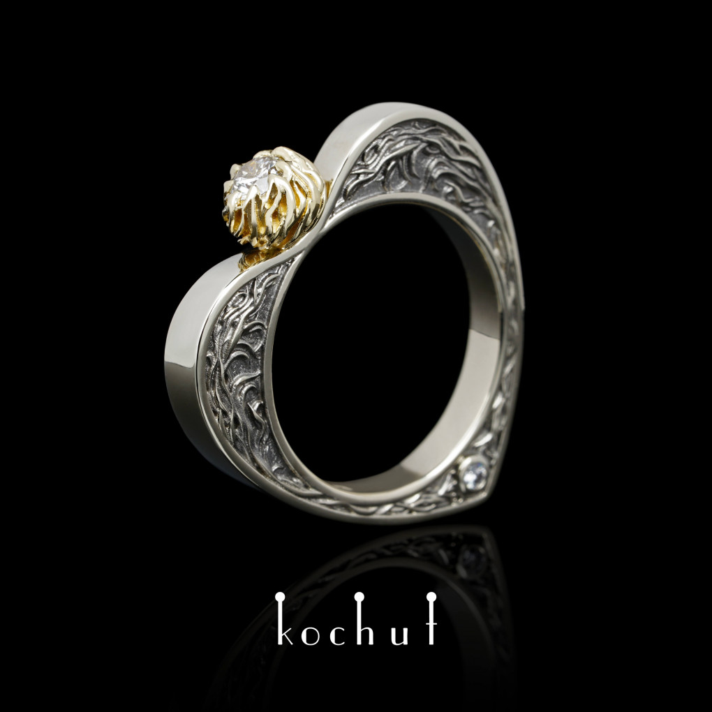 Engagement ring «In Love with Heart». White and yellow gold, diamonds, black rhodium
