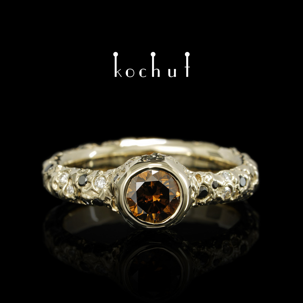 Engagement ring «Saturn». White gold, black and white diamonds