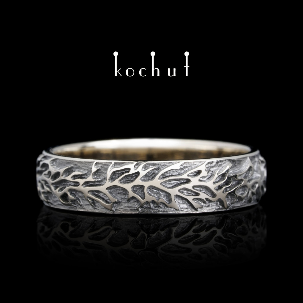 Wedding ring «Forest». White 14K gold, black rhodium