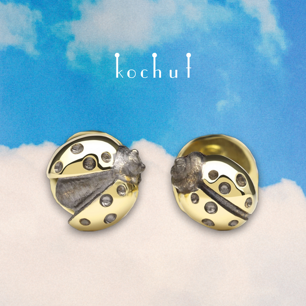 Earrings-studs «Ladybugs». Yellow gold, black rhodium