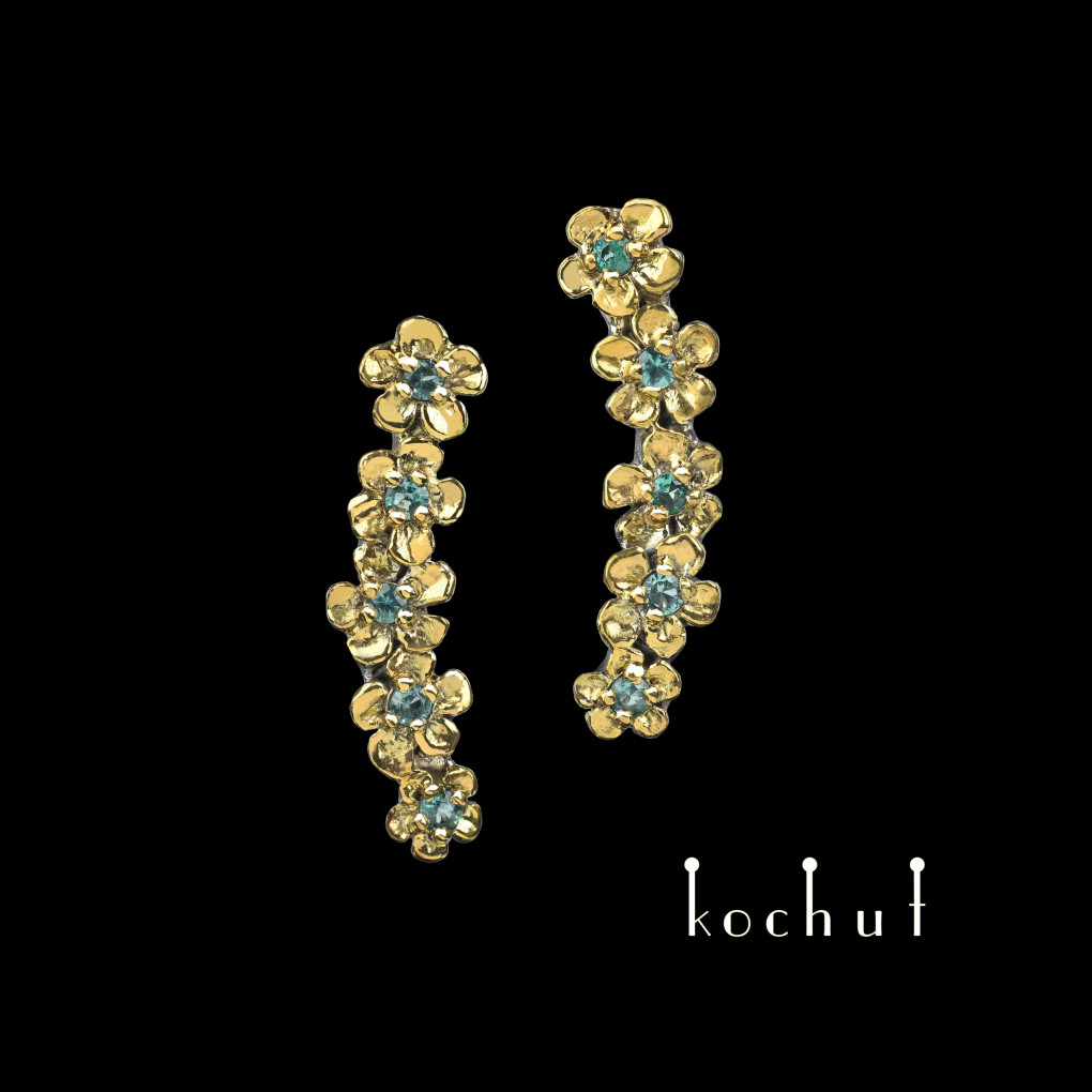 Cuffs earrings «Flower tiara». Silver, yellow gold, oxidized, gilding, emeralds