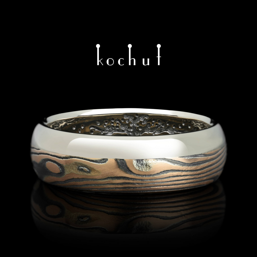 Mokume wedding ring «Bonsai». Red and white gold, etched silver, oxidized, black rhodium