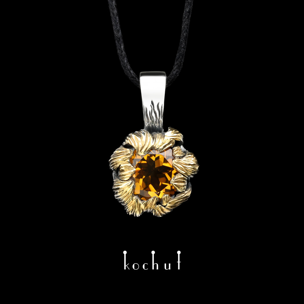 Pendant «Peony». Silver, citrine, oxidized, gilding