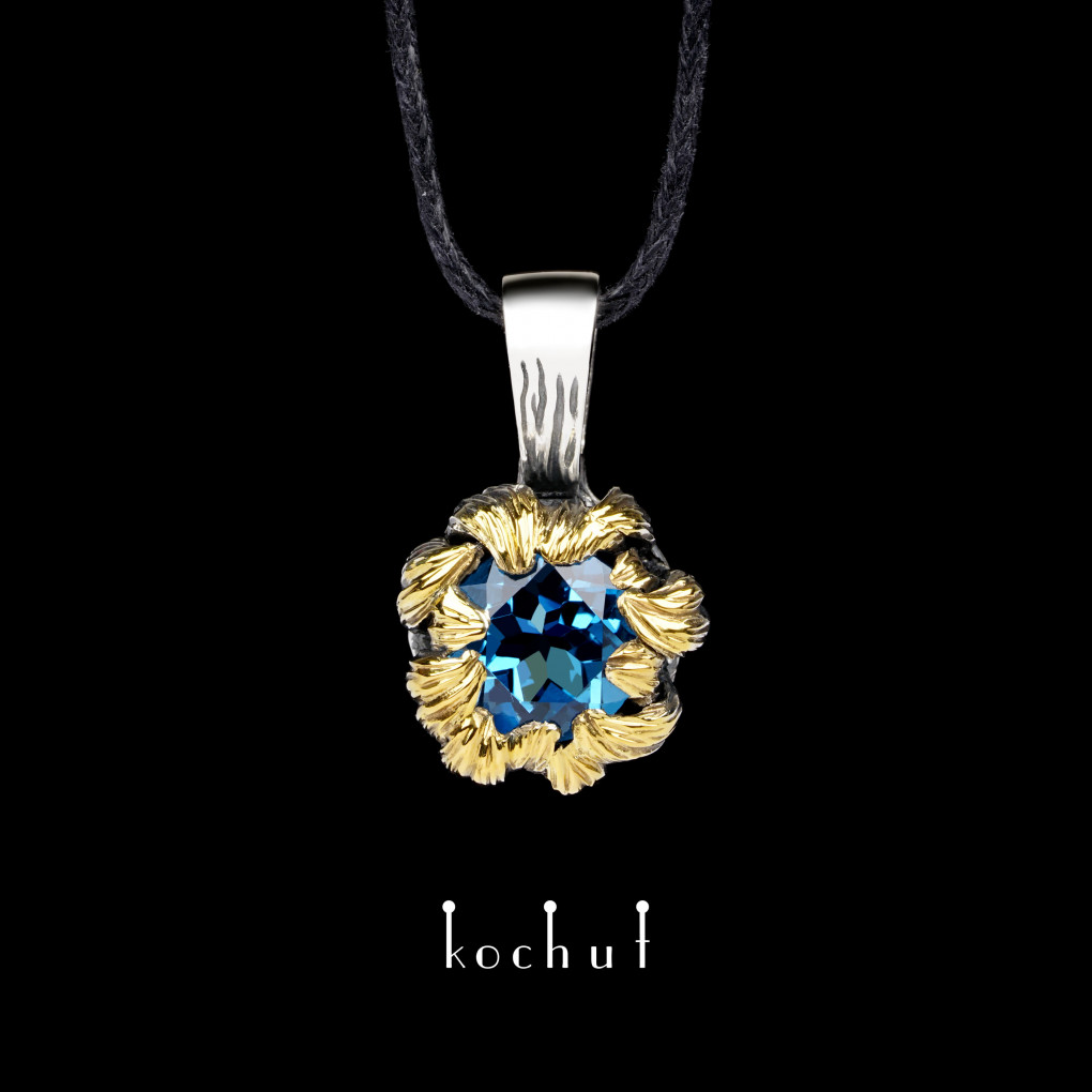 Pendant «Peony». Silver, topaz, oxidized, gilding
