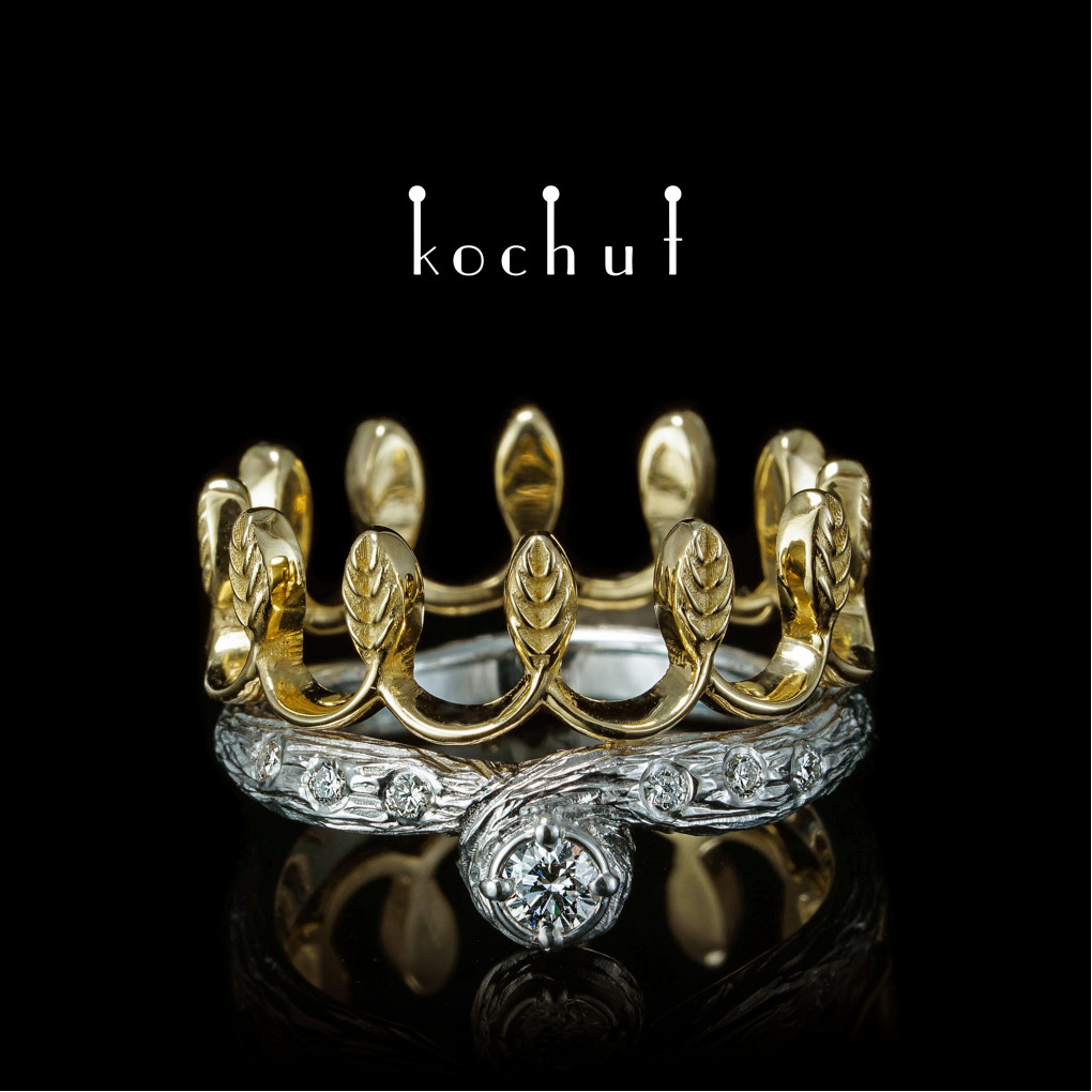 Engagement ring «Her Majesty». Yellow gold, silver, diamond, white rhodium