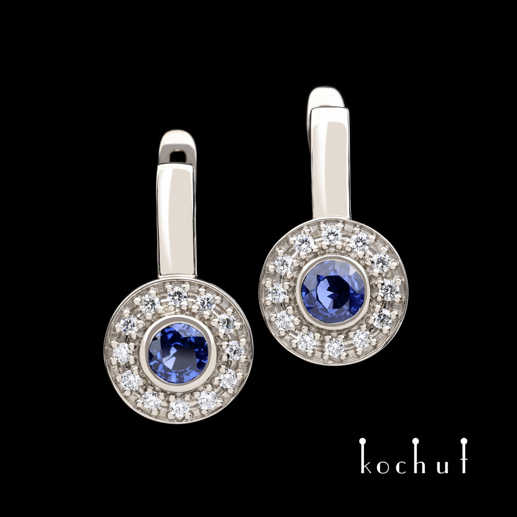 Earrings «The society lioness». Palladium gold, cornflower sapphire, diamonds