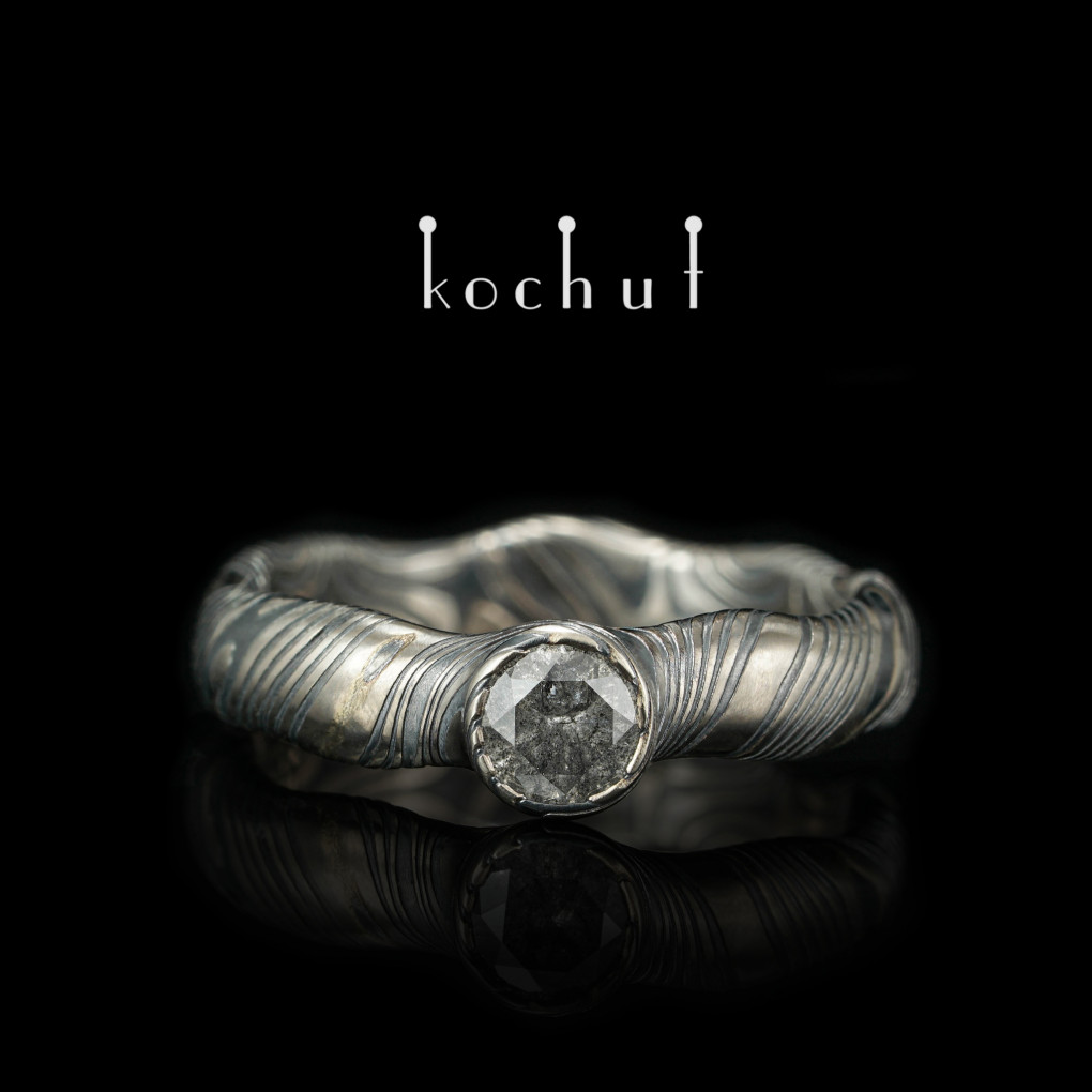 Seamless mokume ring «Polar lights». Palladium gold, etched silver, diamond, oxidized