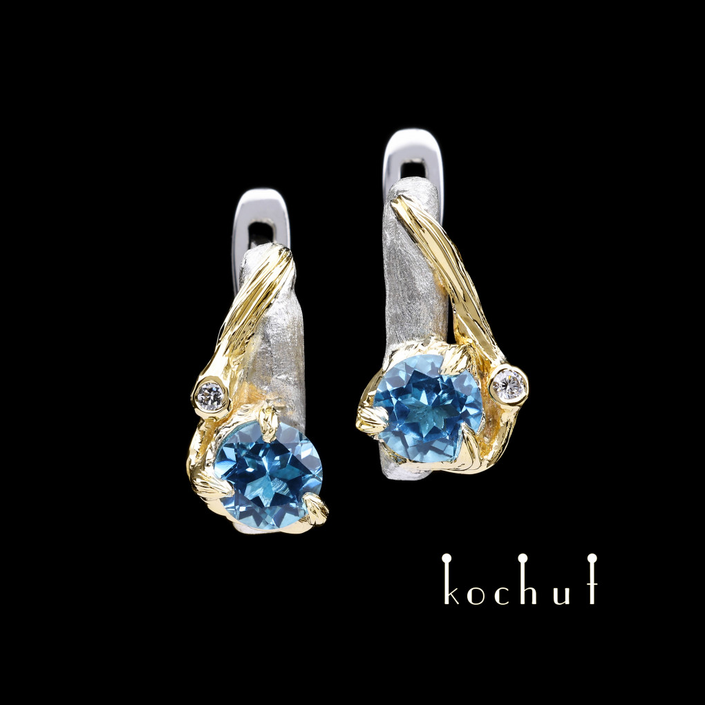 Earrings «Atlantis». Silver, yellow gold, topaz, diamonds