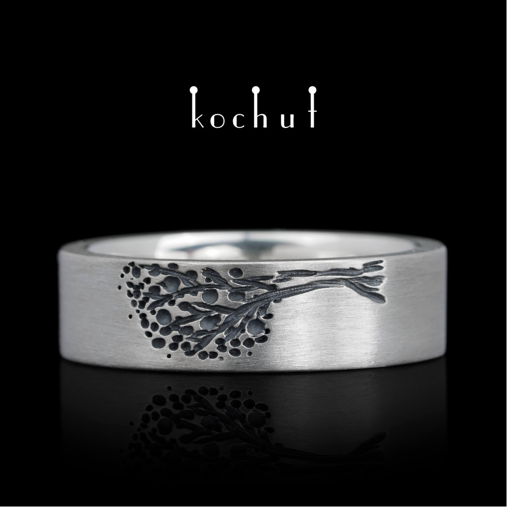 Flat-shaped wedding ring «Tree of Life: halves». Silver, oxidized