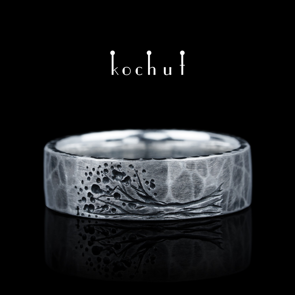 Flat-shaped wedding ring «Tree of Life: halves forged Light». Silver, oxidized