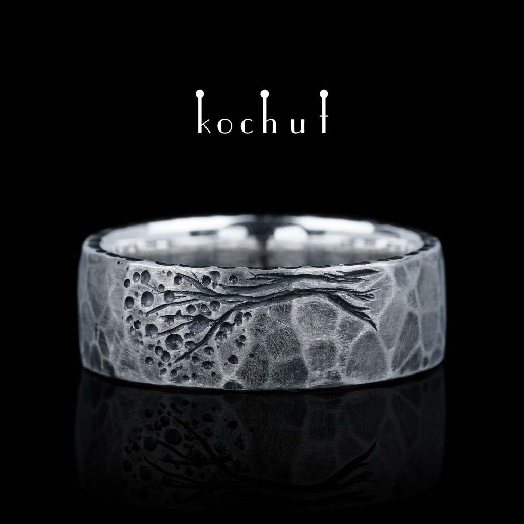 Flat-shaped wedding ring «Tree of Life: halves forged Light». Silver, oxidized