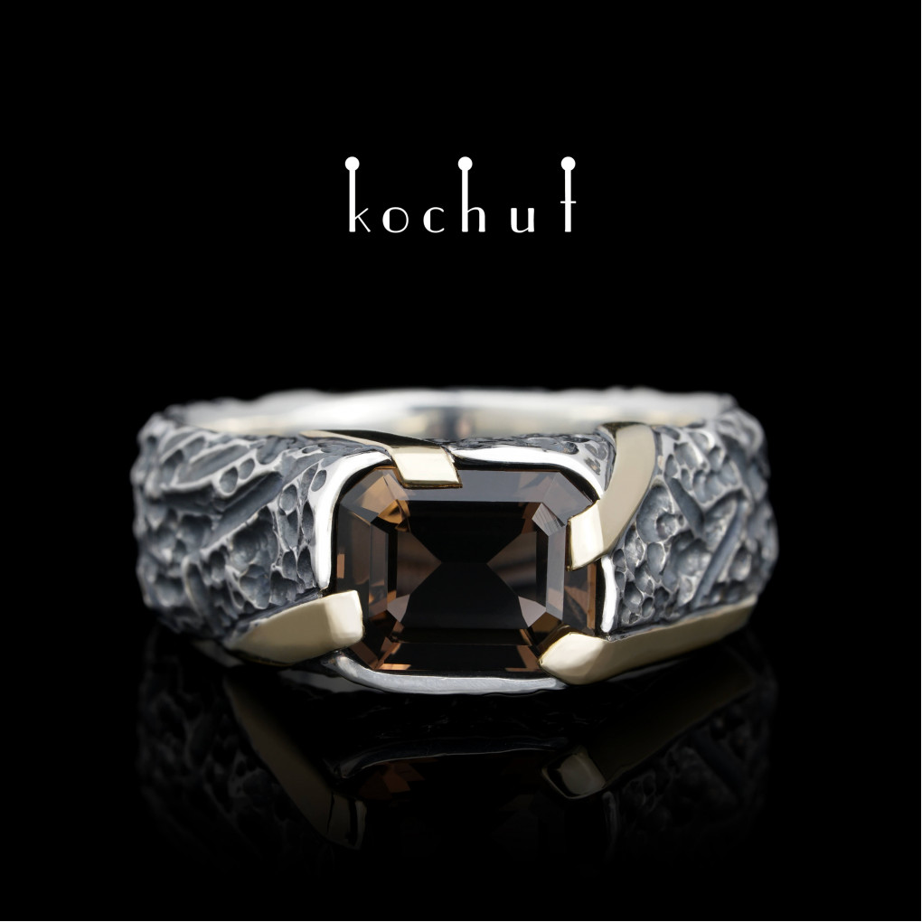 Ring «Overlord ». Yellow gold, silver, smoky quartz, oxidized