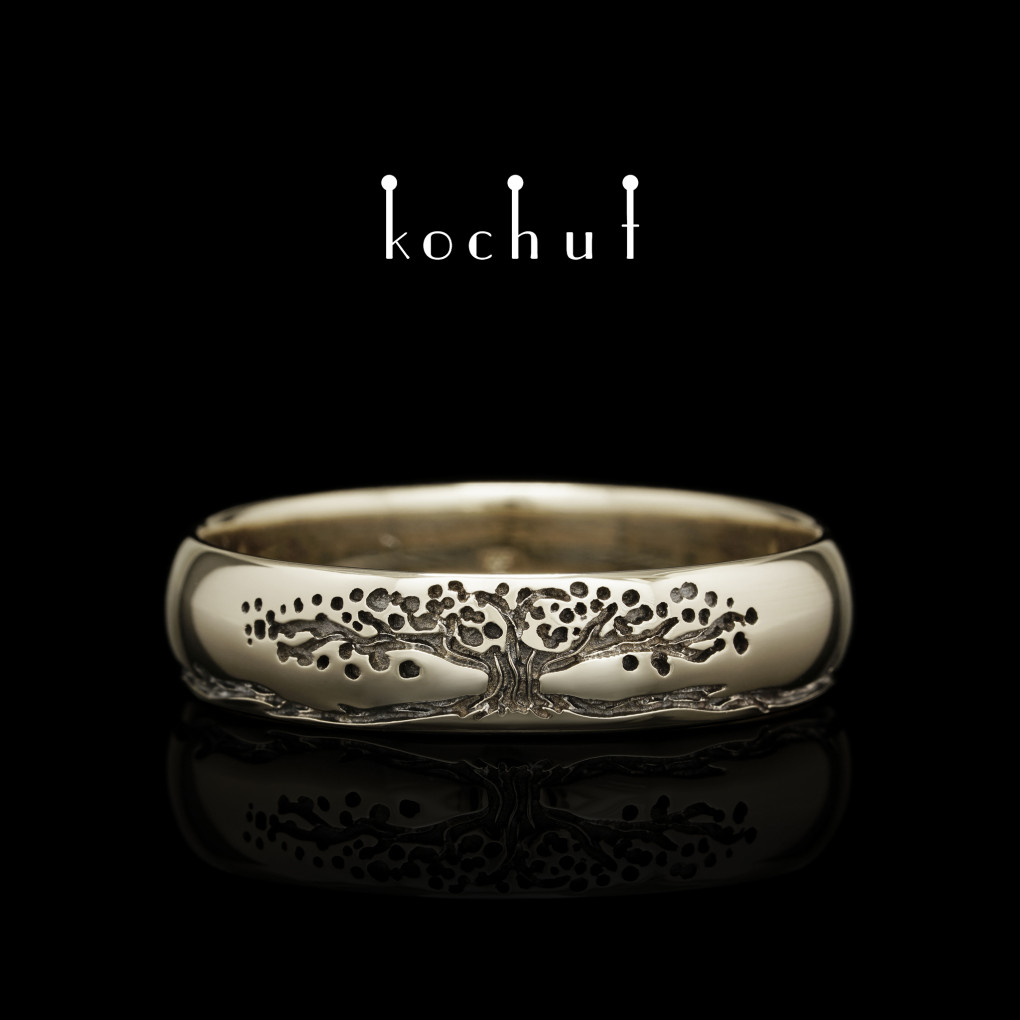 Narrowed wedding ring «The Tree of Life: stems». White gold, black rhodium