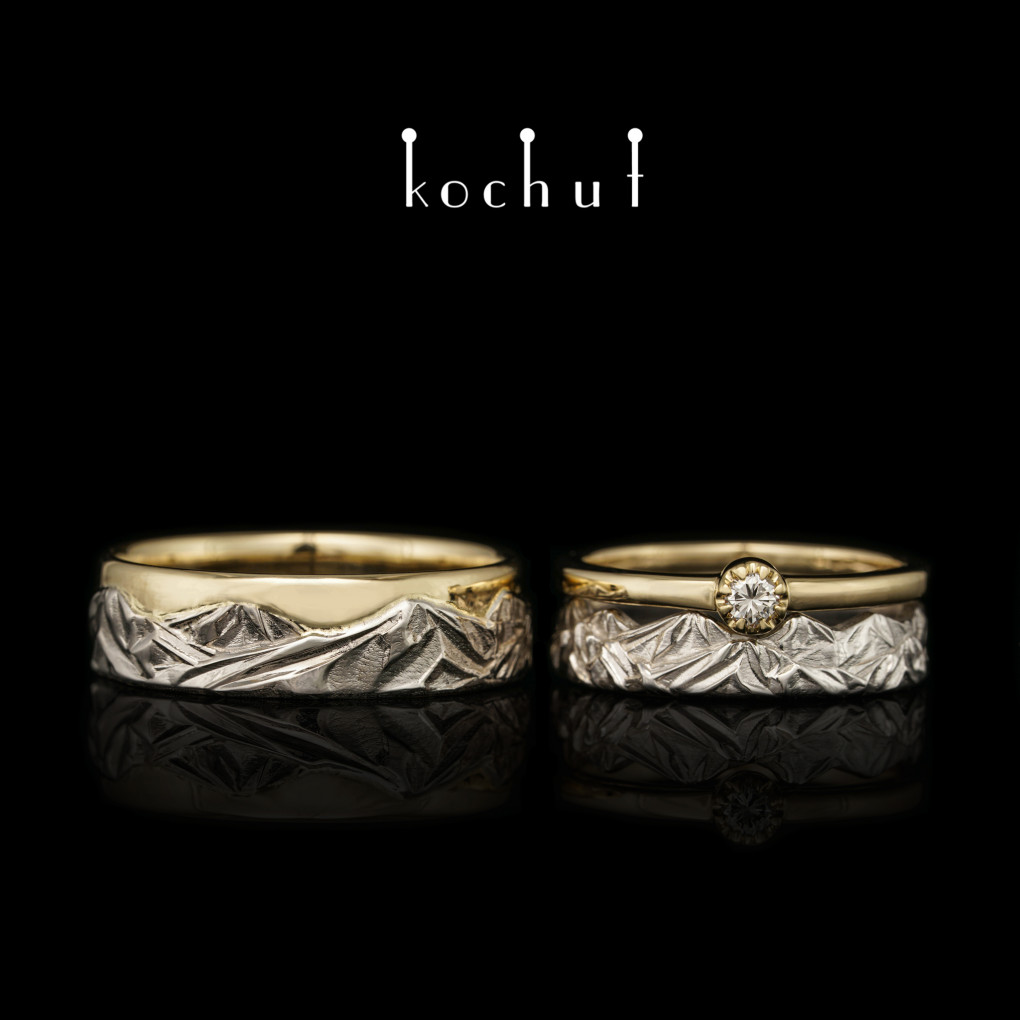 Set: proposal ring and wedding rings «Peaks of Love». White, yellow gold, diamond