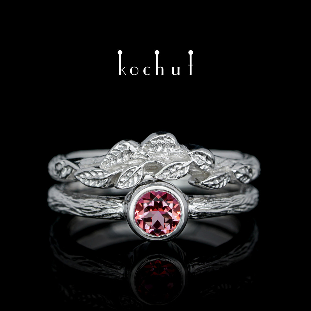 Ring «First meeting». Silver, pink topaz, white rhodium