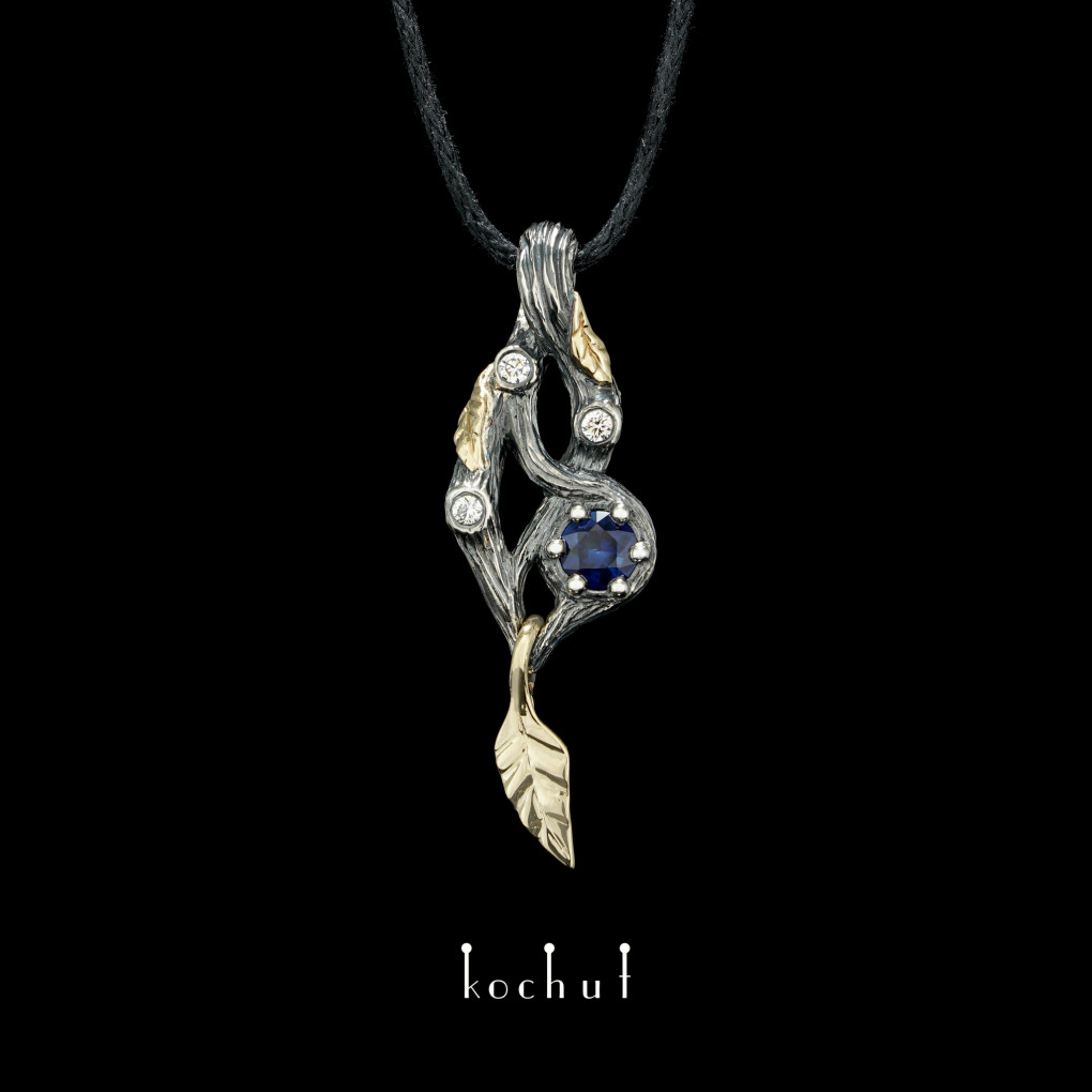 Pendant «Forest Fairy». Yellow gold, silver, oxidized, sapphire, diamonds