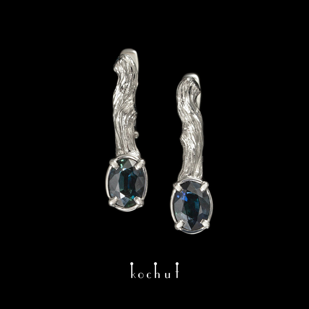 Earrings «Twigs. Fruit» . White gold, sapphires, white rhodium