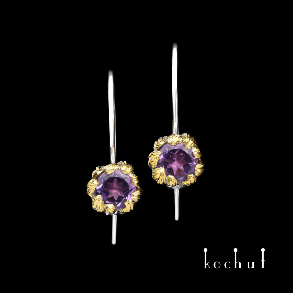 Earrings with a French lock «Peony». Silver, amethysts, white rhodium, gilding